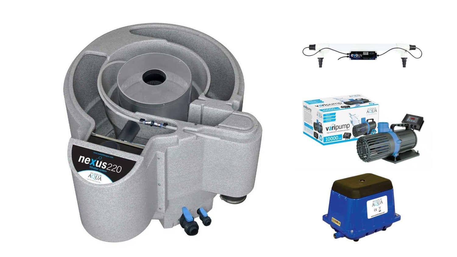 The Evolution Aqua 18000 Litre Nexus220+ Koi Filter Kit is a complete filtration system for koi ponds up to 18,000 litres. It includes the award winning Nexus220+ pond filter with outer moving bed and inner vortex chambers, along with perfectly paired UV clarifier, filter pump, and air pump.