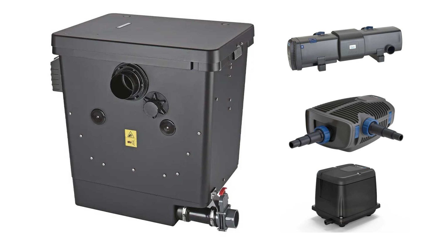 The 20000 Litre Pump Fed Drum Filter Kit is a complete filtration system for koi ponds of up to 20,000 litres. It includes the Oase Compact-M pump fed drum filter with moving bed biological filter chamber, along with perfectly paired UV clarifier, filter pump, and air pump.