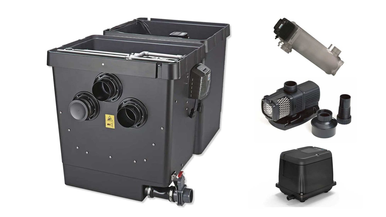 The 22000 Litre Gravity Fed Drum Filter Kit is a complete filtration system for koi ponds of up to 22,000 litres. It includes the Oase Compact-M gravity fed drum filter with moving bed biological filter chamber, along with a pump chamber, perfectly paired UV clarifier, filter pump, and air pump.
