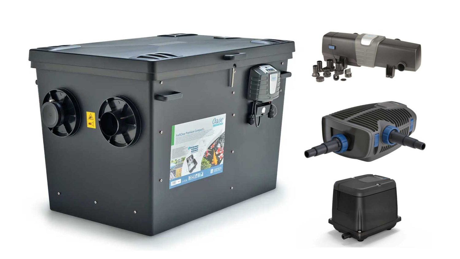 The 30000 Litre Pump Fed Drum Filter Kit is a complete filtration system for koi ponds of up to 30,000 litres. It includes the Oase Compact-L pump fed drum filter with moving bed biological filter chamber, along with perfectly paired UV clarifier, filter pump, and air pump.