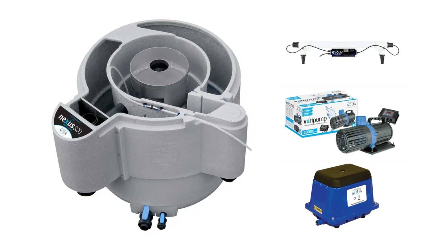 The Evolution Aqua 34000 Litre Nexus320+ Koi Filter Kit is a complete filtration system for koi ponds up to 34,000 litres. It includes the award winning Nexus320+ pond filter with outer moving bed and inner vortex chambers, along with perfectly paired UV clarifier, filter pump, and air pump.