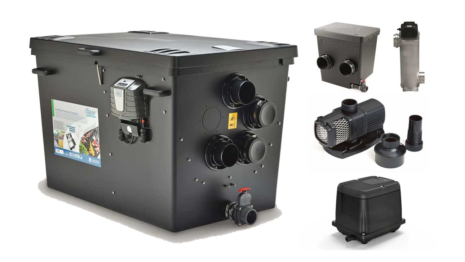The 35000 Litre Gravity Fed Drum Filter Kit is a complete filtration system for koi ponds of up to 35,000 litres. It includes the Oase Compact-L gravity fed drum filter with moving bed biological filter chamber, along with a pump chamber, perfectly paired UV clarifier, filter pump, and air pump.