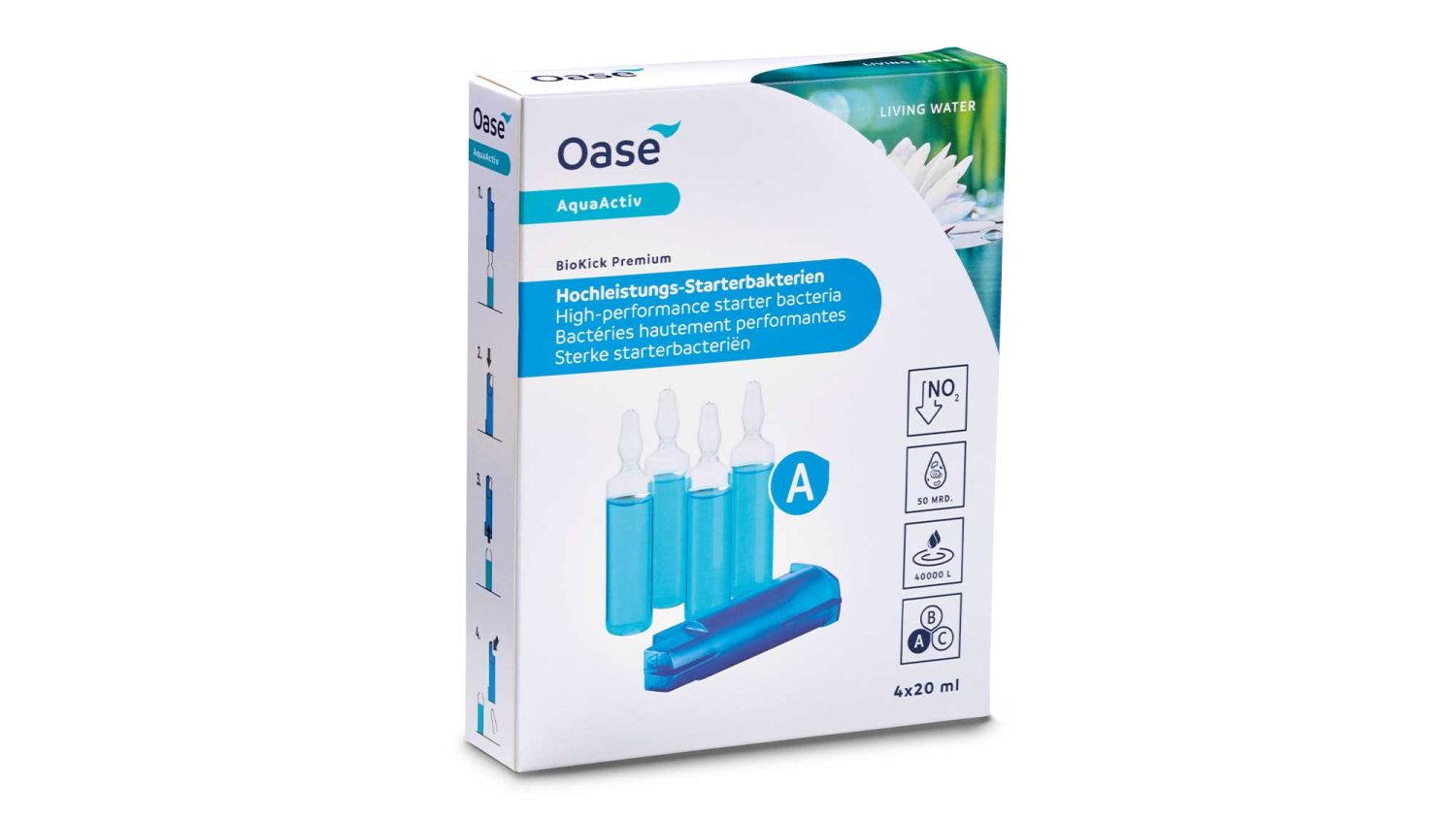 Oase AquaActiv BioKick Premium contains bacteria and enzymes to rapidly mature new pond filters, or ramp up the performance of existing pond filters when they most need it, in the spring and summer.