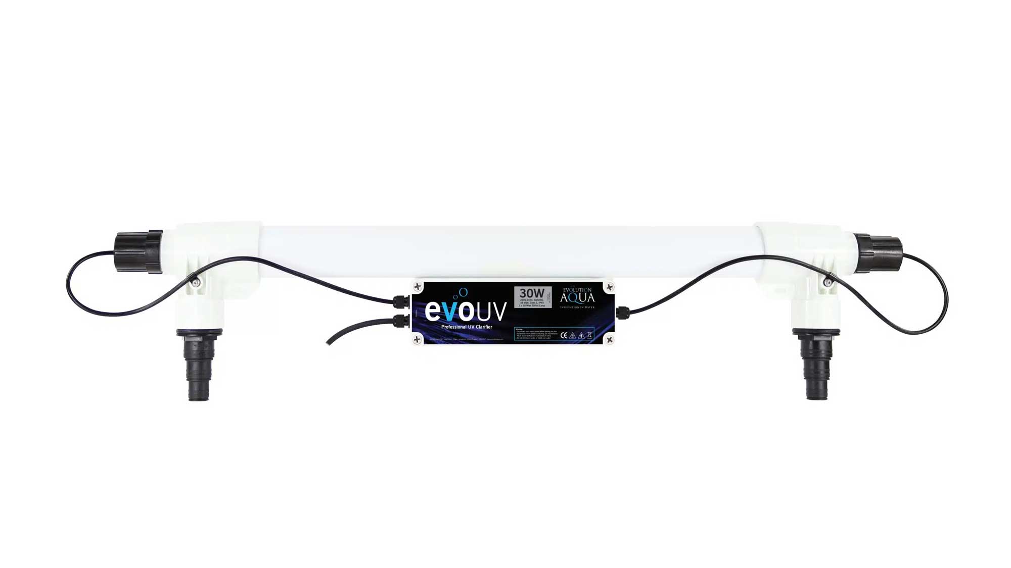 Evo 30W UV Evolution Aqua Evo 30W UV clarifier kills unicellular algae that cause green water, for a crystal clear and healthy pond. The evoUV range of clarifiers come in six different sizes from 15W-110W to cater for ponds of varying sizes, fish stocks, and sunlight exposure.
