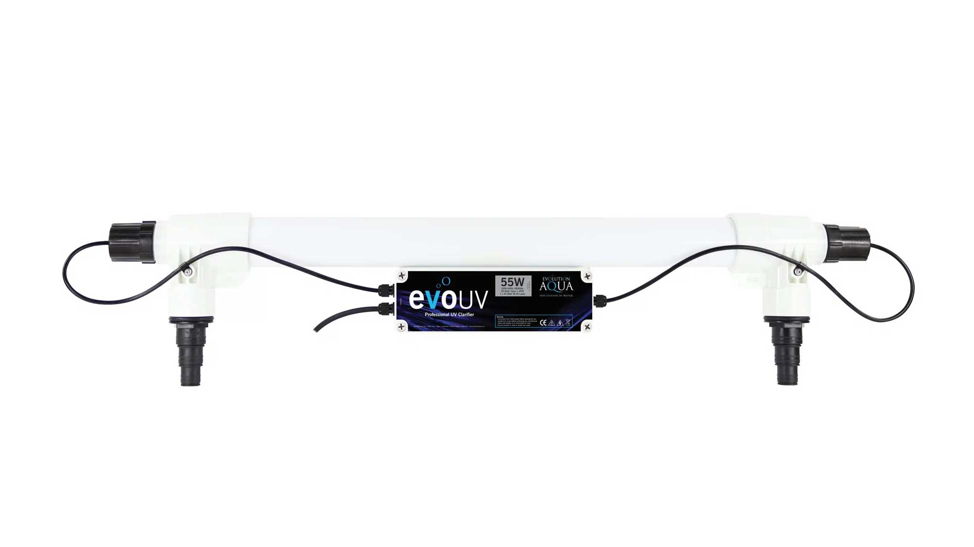 Evo 55W UV Evolution Aqua Evo 55W UV clarifier kills unicellular algae that cause green water, for a crystal clear and healthy pond. The evoUV range of clarifiers come in six different sizes from 15W-110W to cater for ponds of varying sizes, fish stocks, and sunlight exposure.