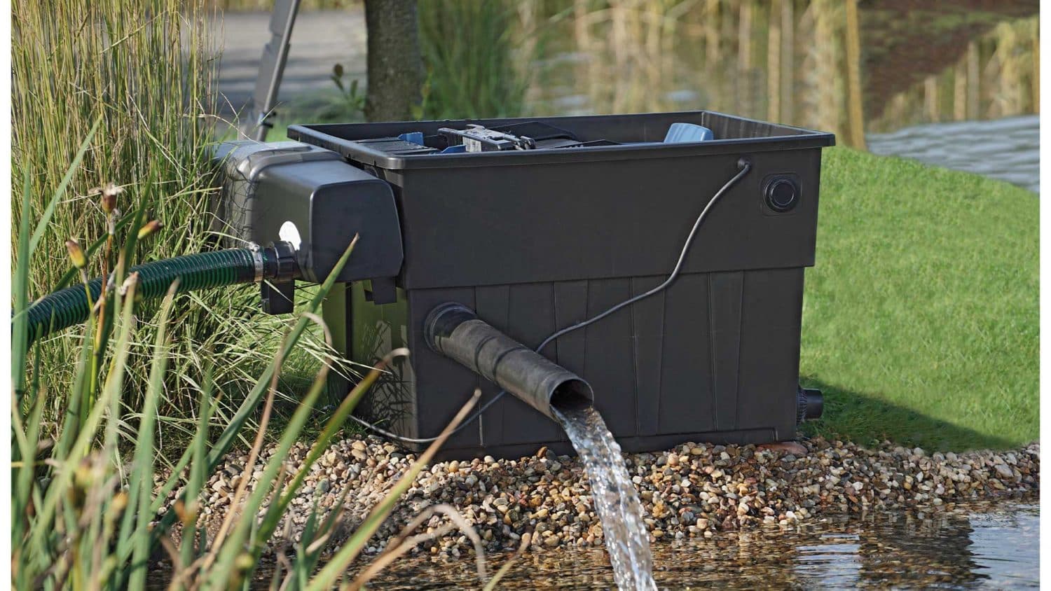 The Oase Biotec ScreenMatic 60000 pond filter combines foam biological media and an automated belt screen to remove solid waste.