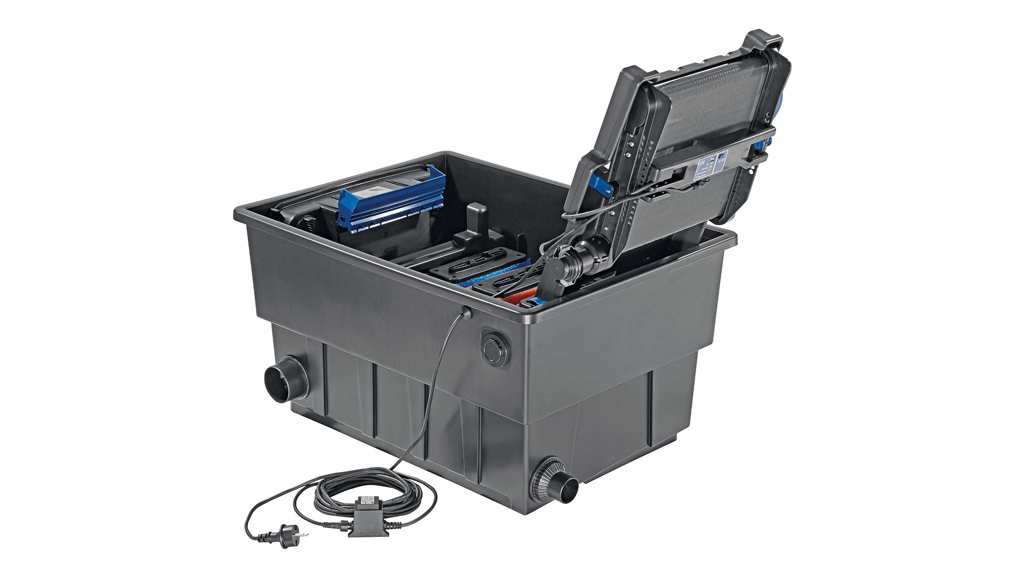 The Oase Biotec ScreenMatic 40000 pond filter combines foam biological media and an automated belt screen to remove solid waste.