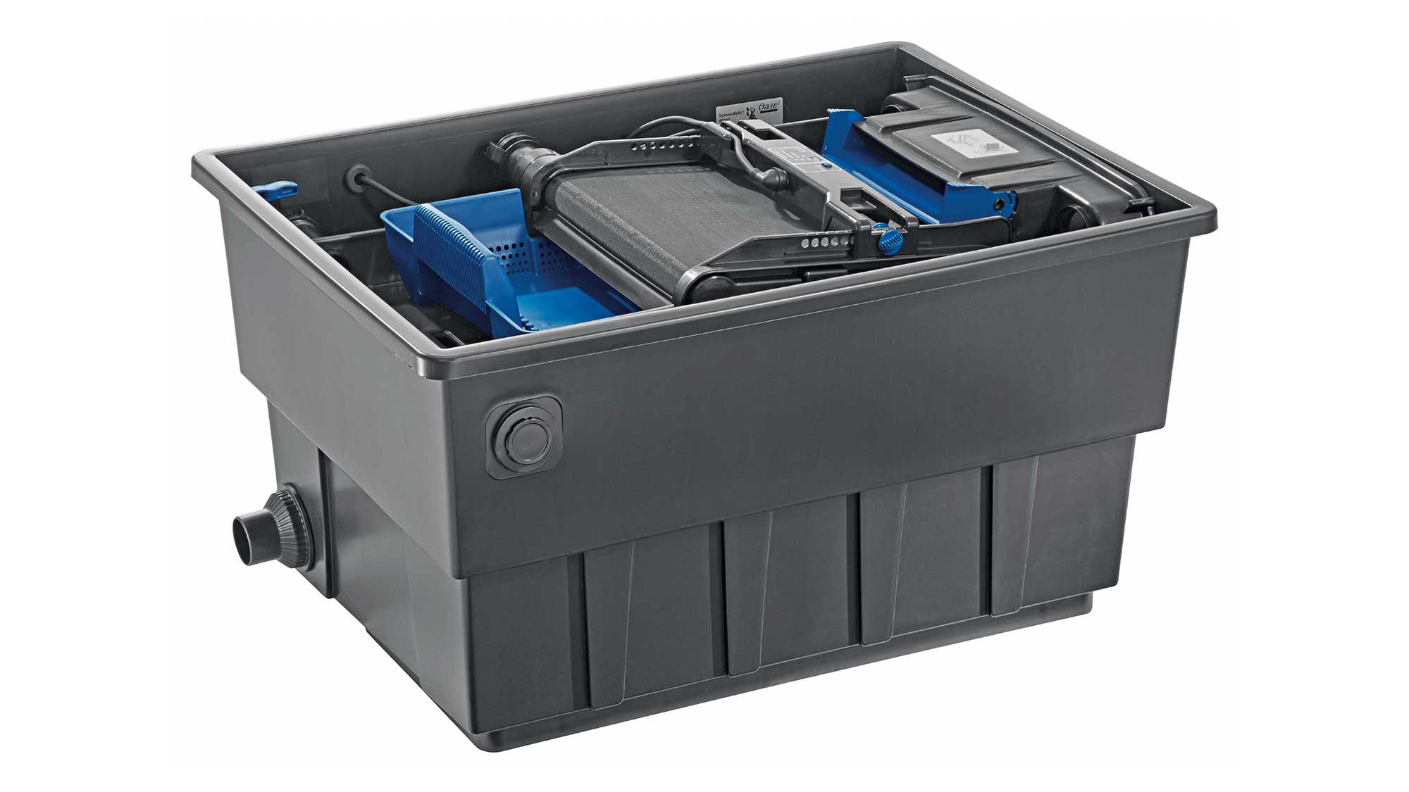 OASE105740-BioTecScreenMatic2 The Oase Biotec ScreenMatic 40000 pond filter combines foam biological media and an automated belt screen to remove solid waste.