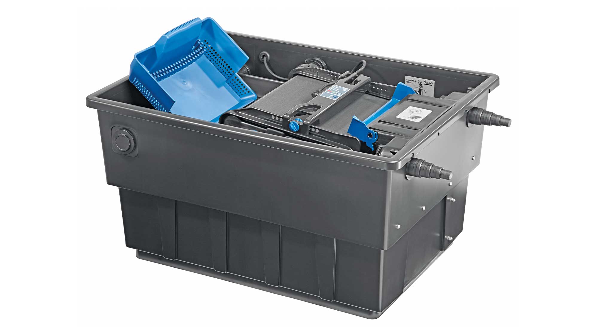 OASE105741-BioTecScreenMatic2 The Oase Biotec ScreenMatic 40000 pond filter combines foam biological media and an automated belt screen to remove solid waste.