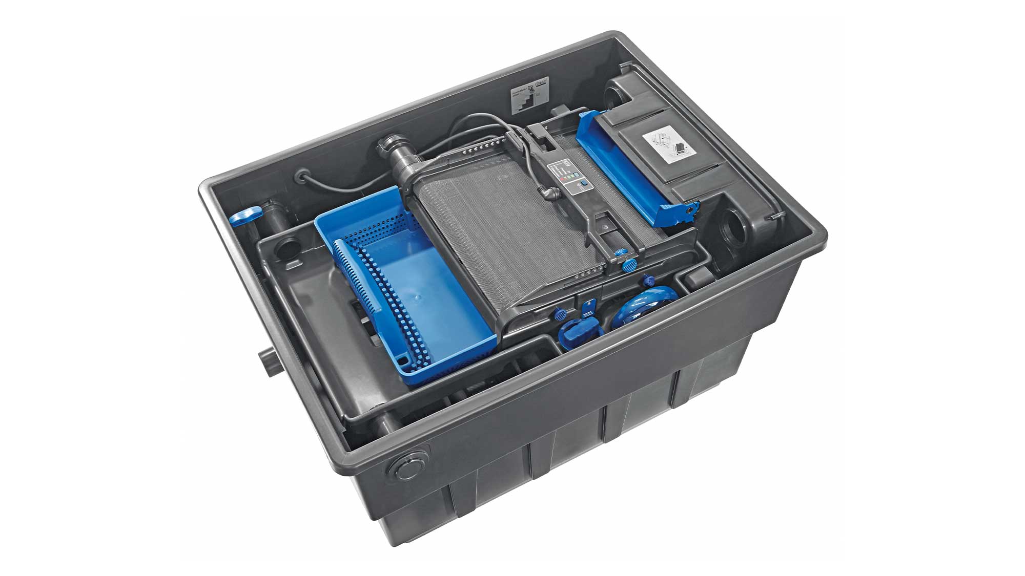 OASE105743-BioTecScreenMatic2 The Oase Biotec ScreenMatic 40000 pond filter combines foam biological media and an automated belt screen to remove solid waste.