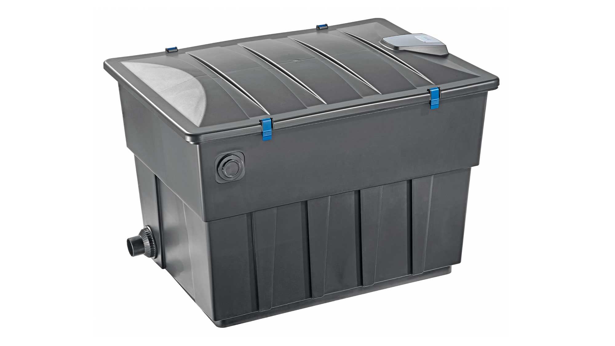 OASE105767-BioTecScreenMatic2 The Oase Biotec ScreenMatic 60000 pond filter combines foam biological media and an automated belt screen to remove solid waste.