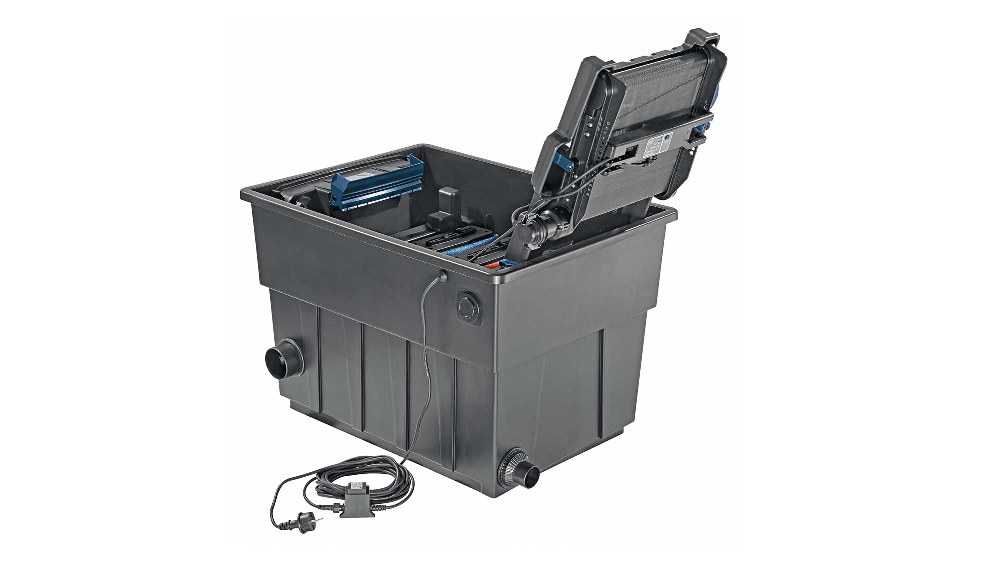 OASE105768-BioTecScreenMatic2 The Oase Biotec ScreenMatic 60000 pond filter combines foam biological media and an automated belt screen to remove solid waste.