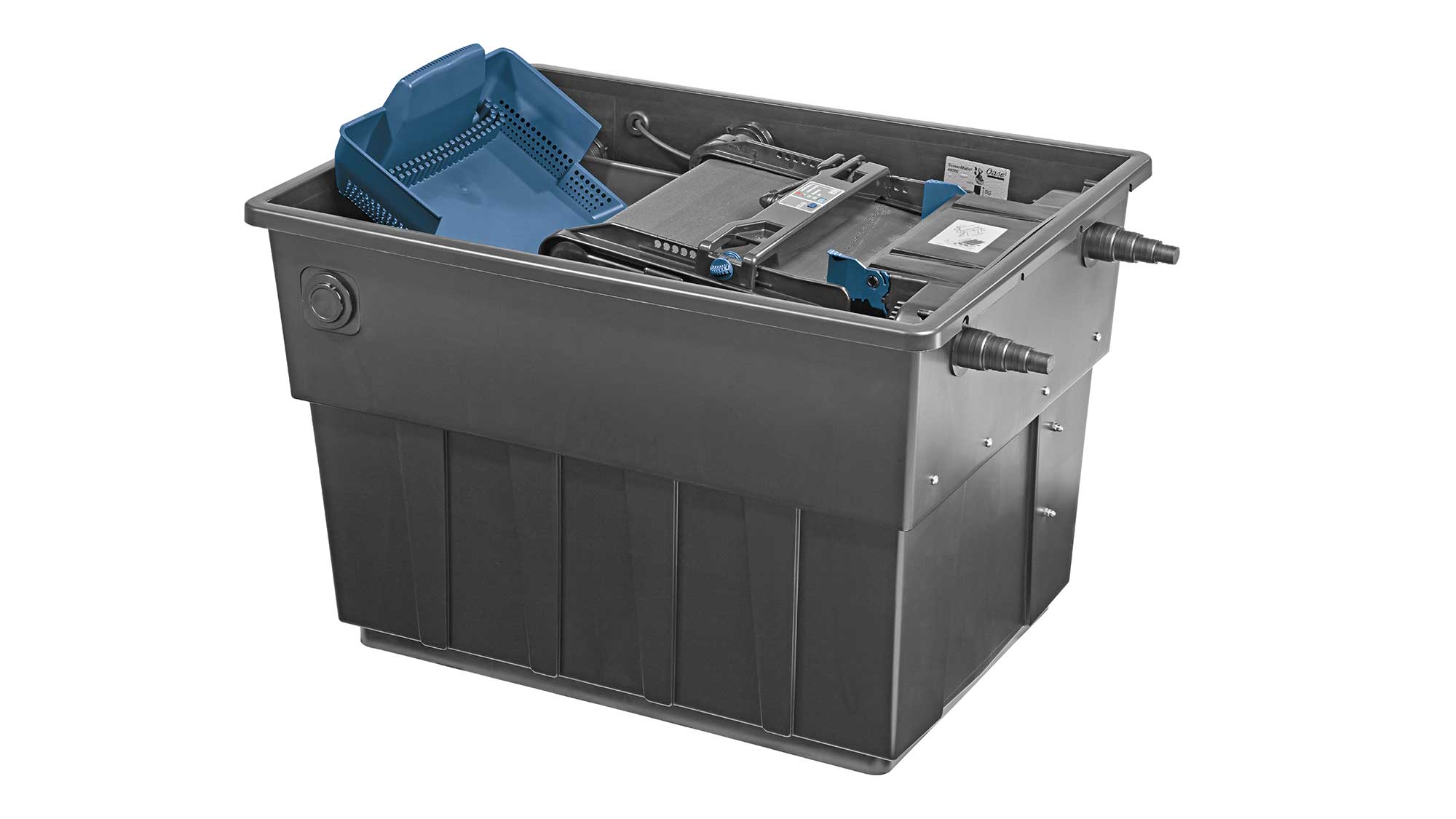OASE105769-BioTecScreenMatic2 The Oase Biotec ScreenMatic 60000 pond filter combines foam biological media and an automated belt screen to remove solid waste.