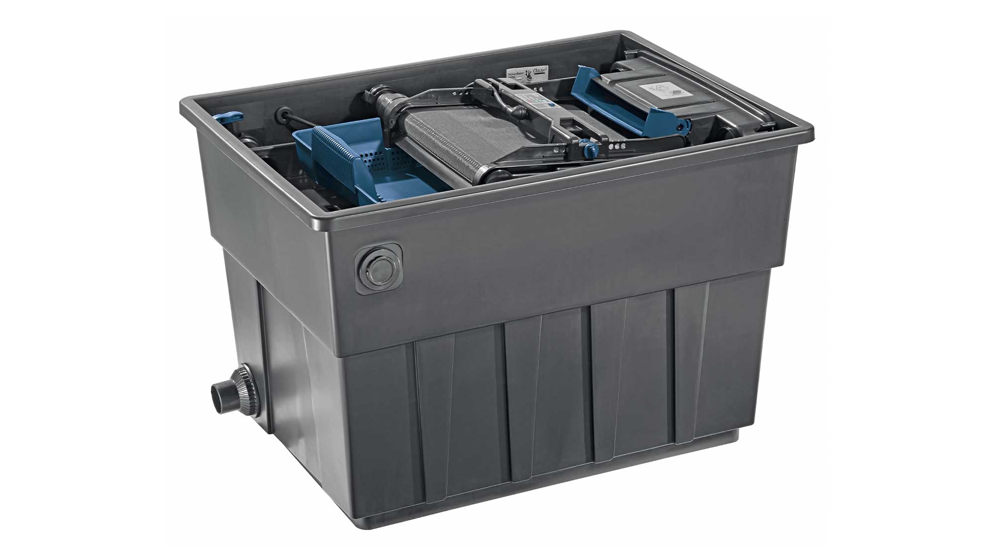 OASE105771-BioTecScreenMatic2 The Oase Biotec ScreenMatic 60000 pond filter combines foam biological media and an automated belt screen to remove solid waste.