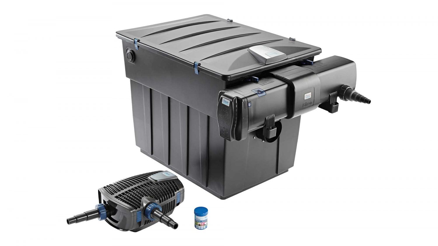 The Oase Biotec ScreenMatic Set 90000 OC includes an AquaMax Eco Premium 21000, Bitron C 110W UV, and Biokick for rapid filter maturation.