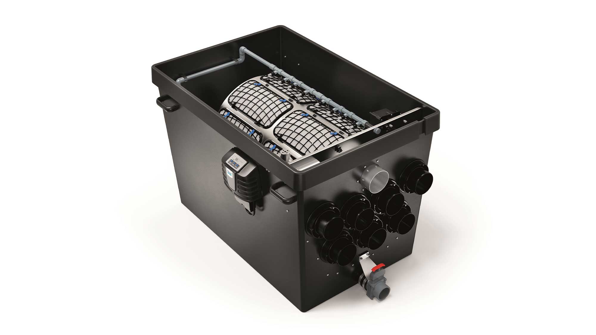 The Oase ProfiClear Premium DF-XL Gravity-Fed OC drum filter is suited to very large natural ponds up to 530mยณ and koi ponds up to 100mยณ.
