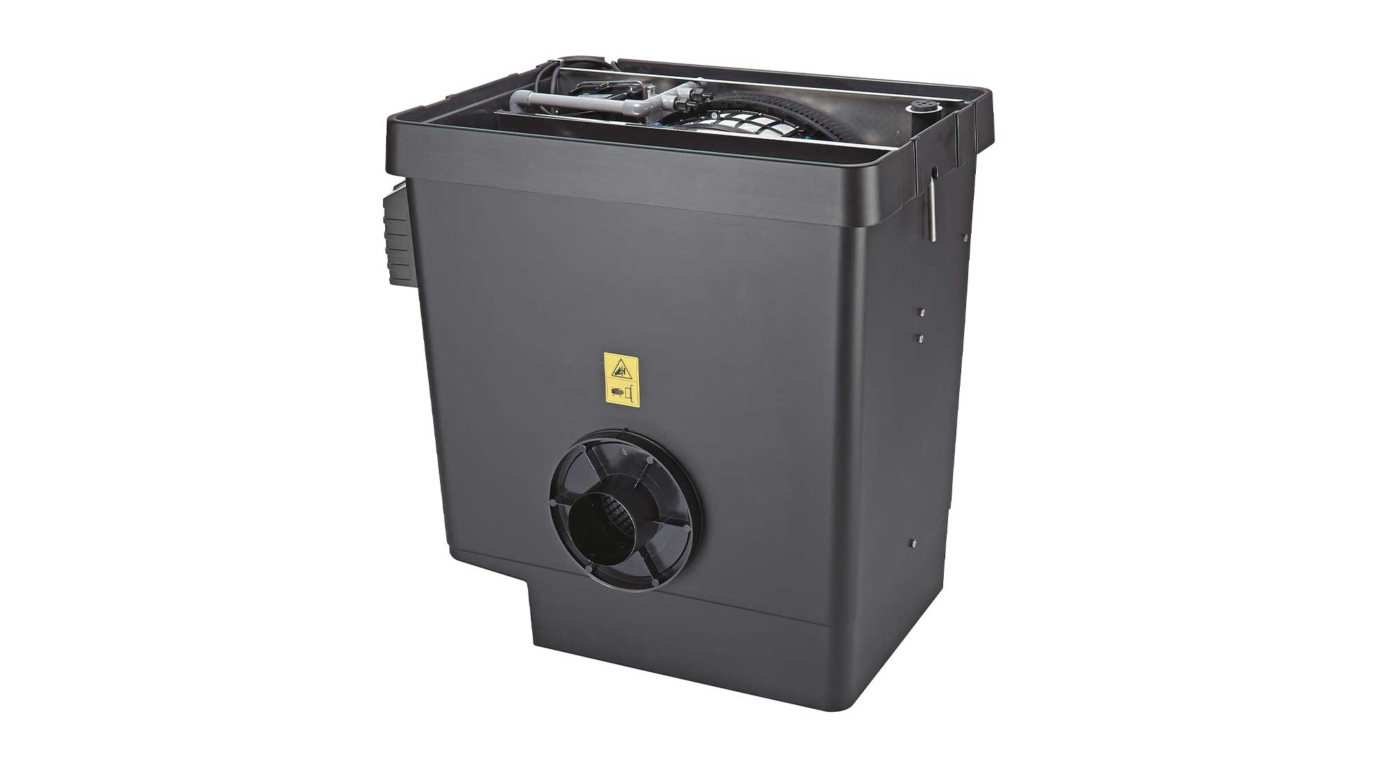 OASE106057-ProfiClearPremiumCompact-Gravitation The Oase Proficlear Premium Compact-M Gravity-Fed Drum Filter is ideal for natural or swim ponds up 88mยณ, goldfish ponds to 44mยณ, and koi ponds up 22mยณ.