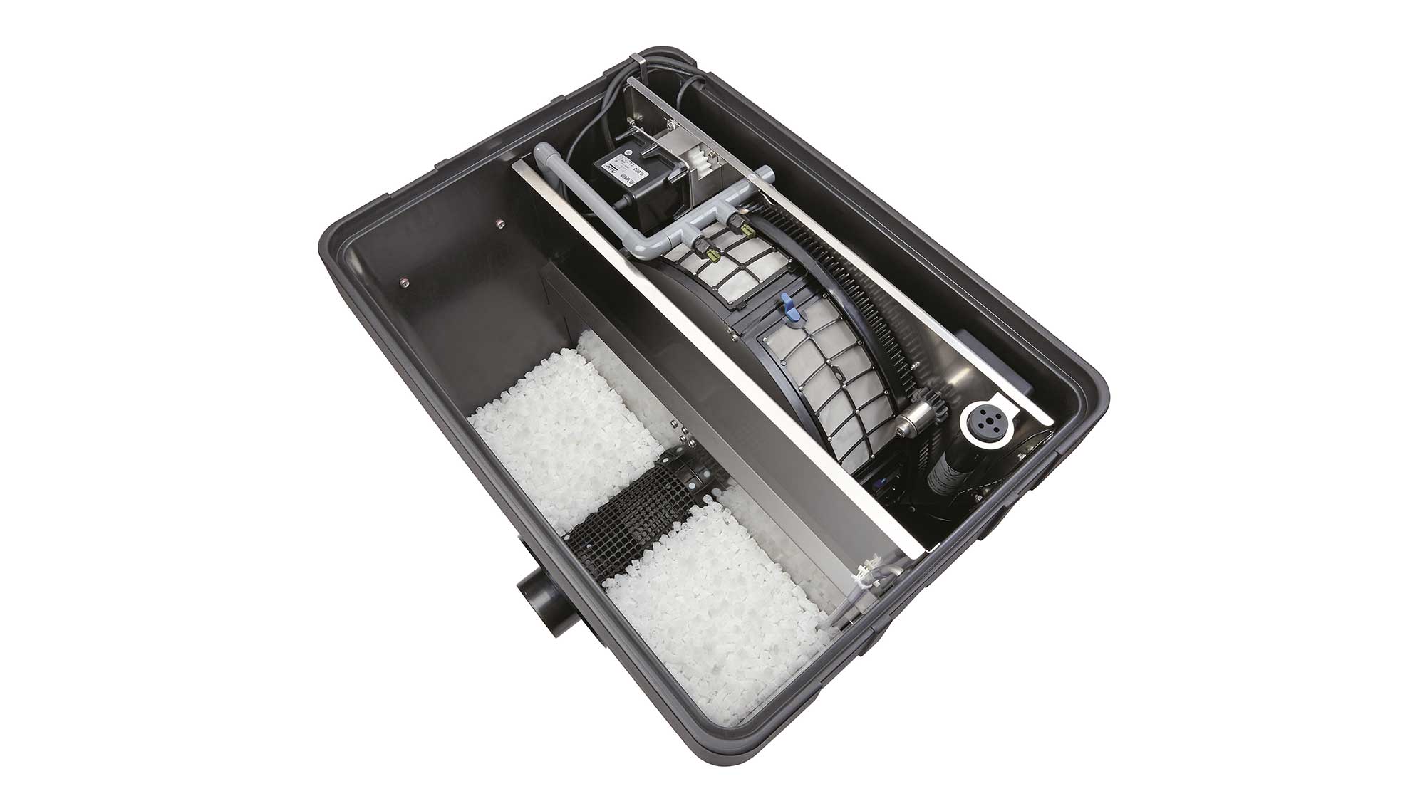 OASE106062-ProfiClearPremiumCompact-Gravitation The Oase Proficlear Premium Compact-M Gravity-Fed Drum Filter is ideal for natural or swim ponds up 88mยณ, goldfish ponds to 44mยณ, and koi ponds up 22mยณ.