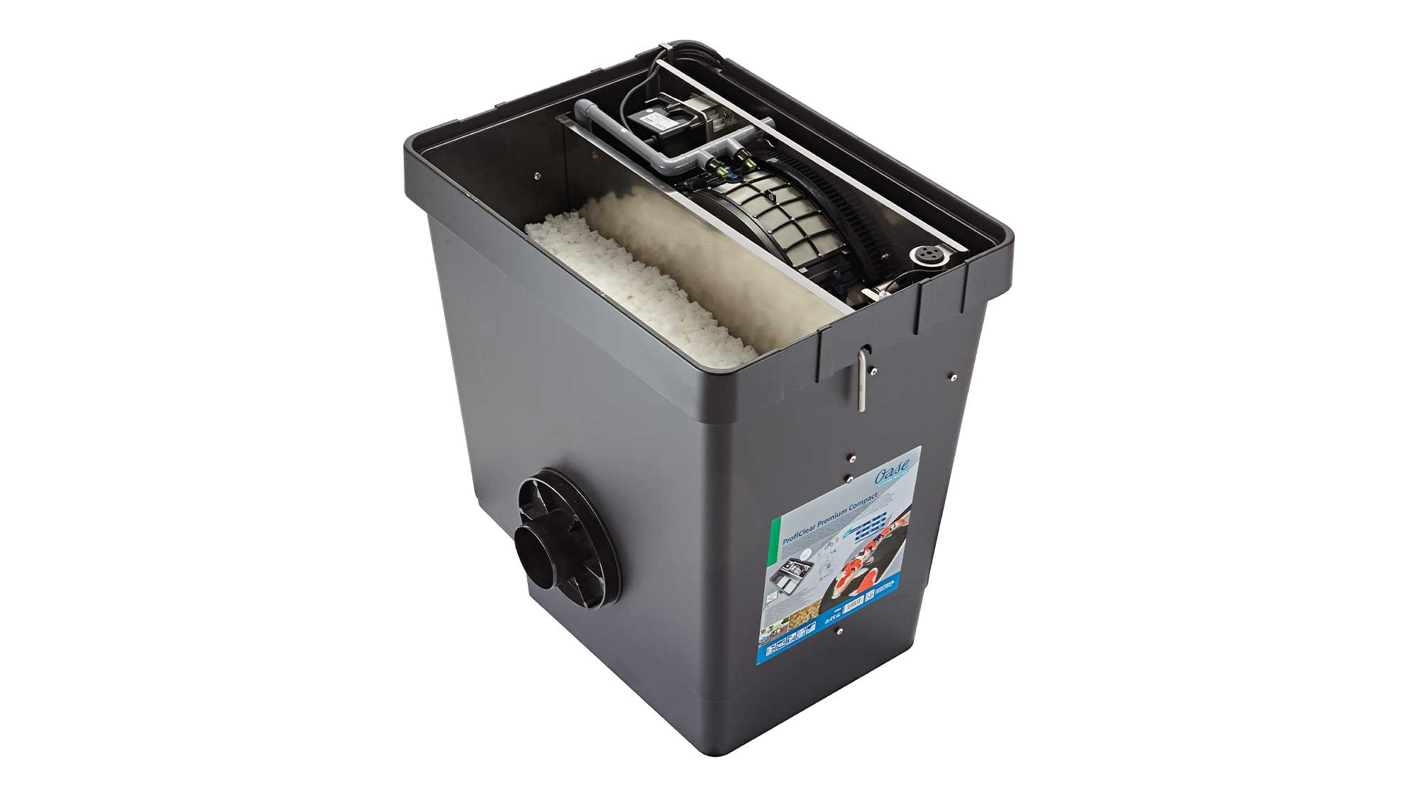 OASE106063-ProfiClear-Premium-Compact-M-Gravitation-EGC The Oase Proficlear Premium Compact-M Gravity-Fed Drum Filter is ideal for natural or swim ponds up 88mยณ, goldfish ponds to 44mยณ, and koi ponds up 22mยณ.