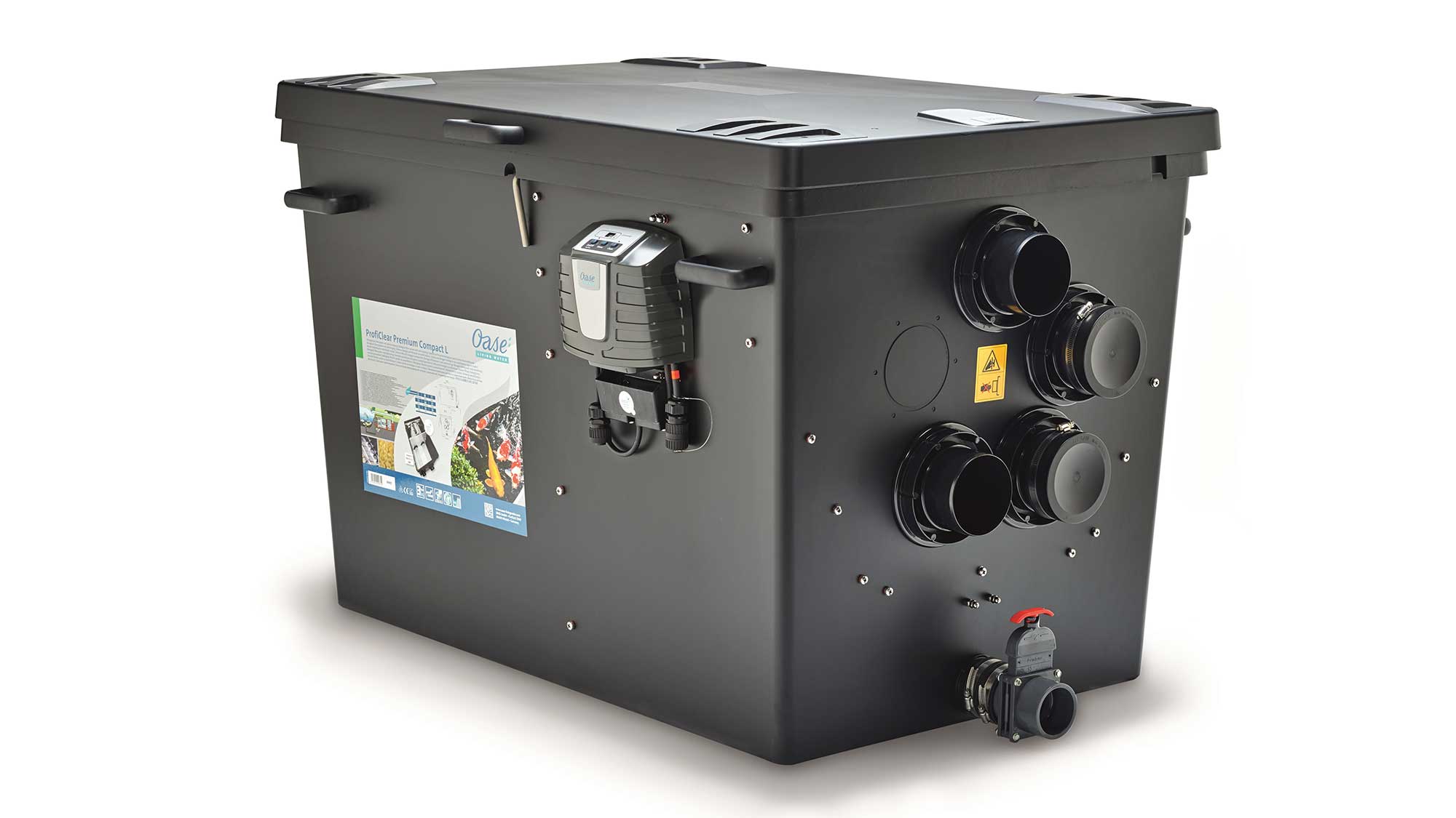 Oase Proficlear Premium Compact-L Gravity-Fed OC drum filter is for natural ponds to 140mยณ, goldfish ponds to 70mยณ, and koi ponds to 35mยณ.
