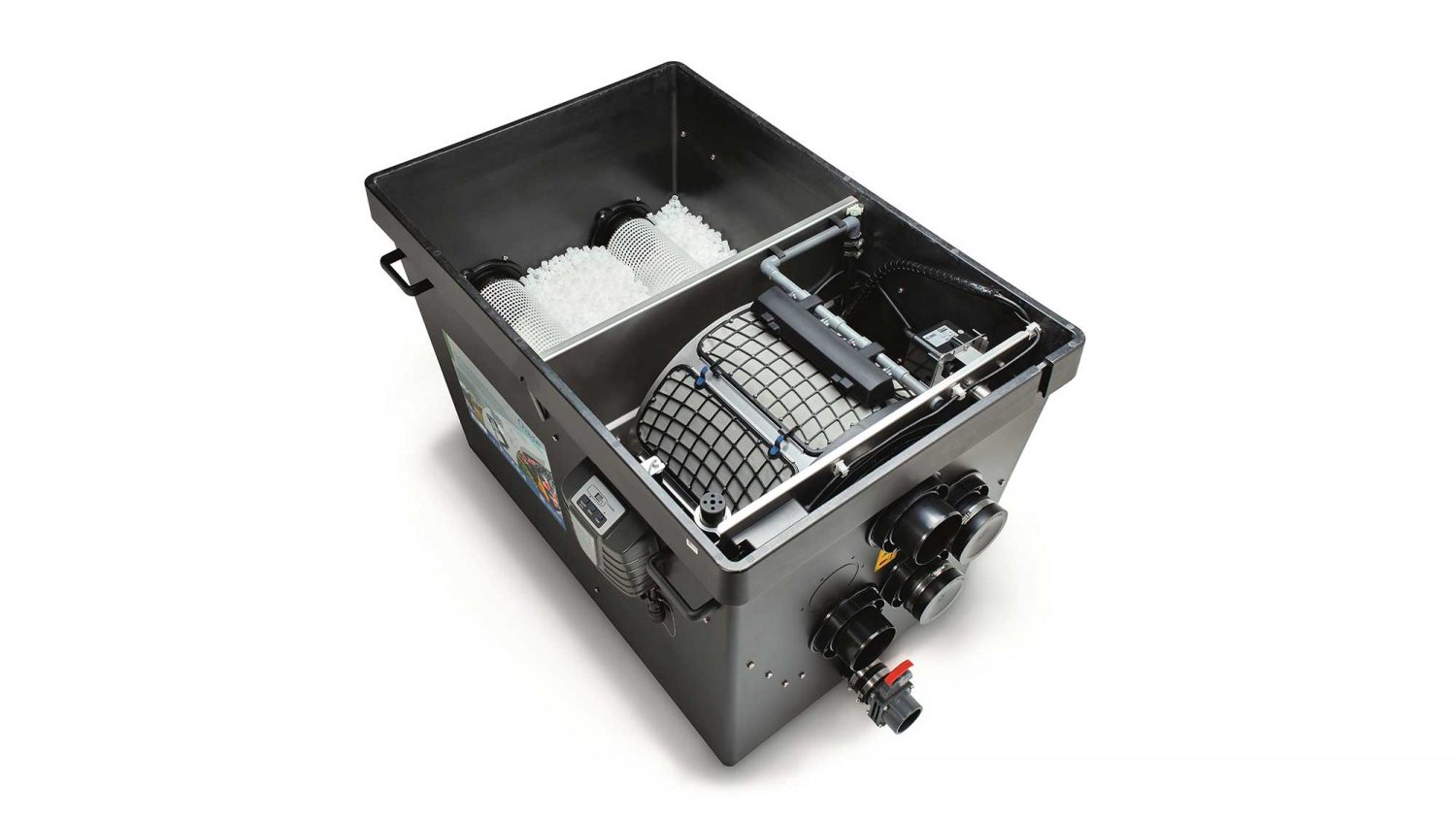 The Oase Proficlear Premium Compact-L Gravity-Fed Drum Filter is a combined drum filter and moving bed in one module.