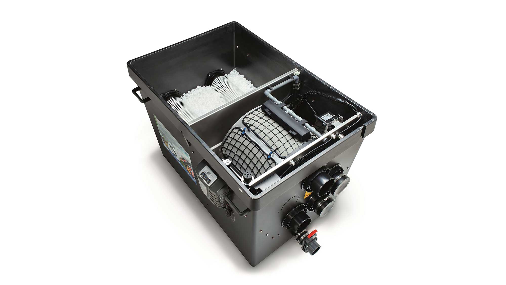 The Oase Proficlear Premium Compact-L Gravity-Fed Drum Filter is a combined drum filter and moving bed in one module.