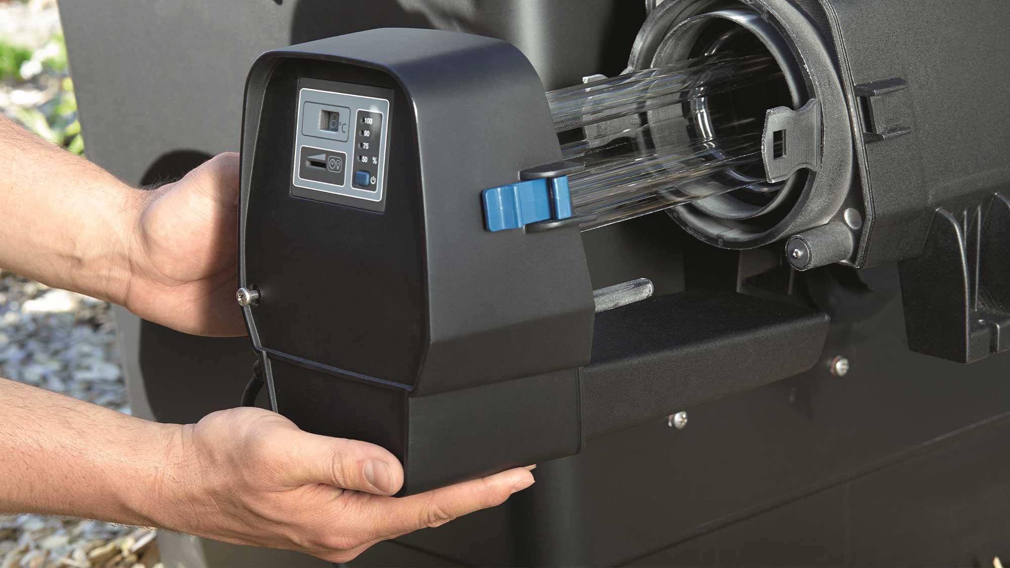 OASE106325-BitronEco180 The Oase Bitron Eco 180W is a energy-efficient UV clarifier for large koi ponds and swim ponds that can save you up to 50% on electricity bills.