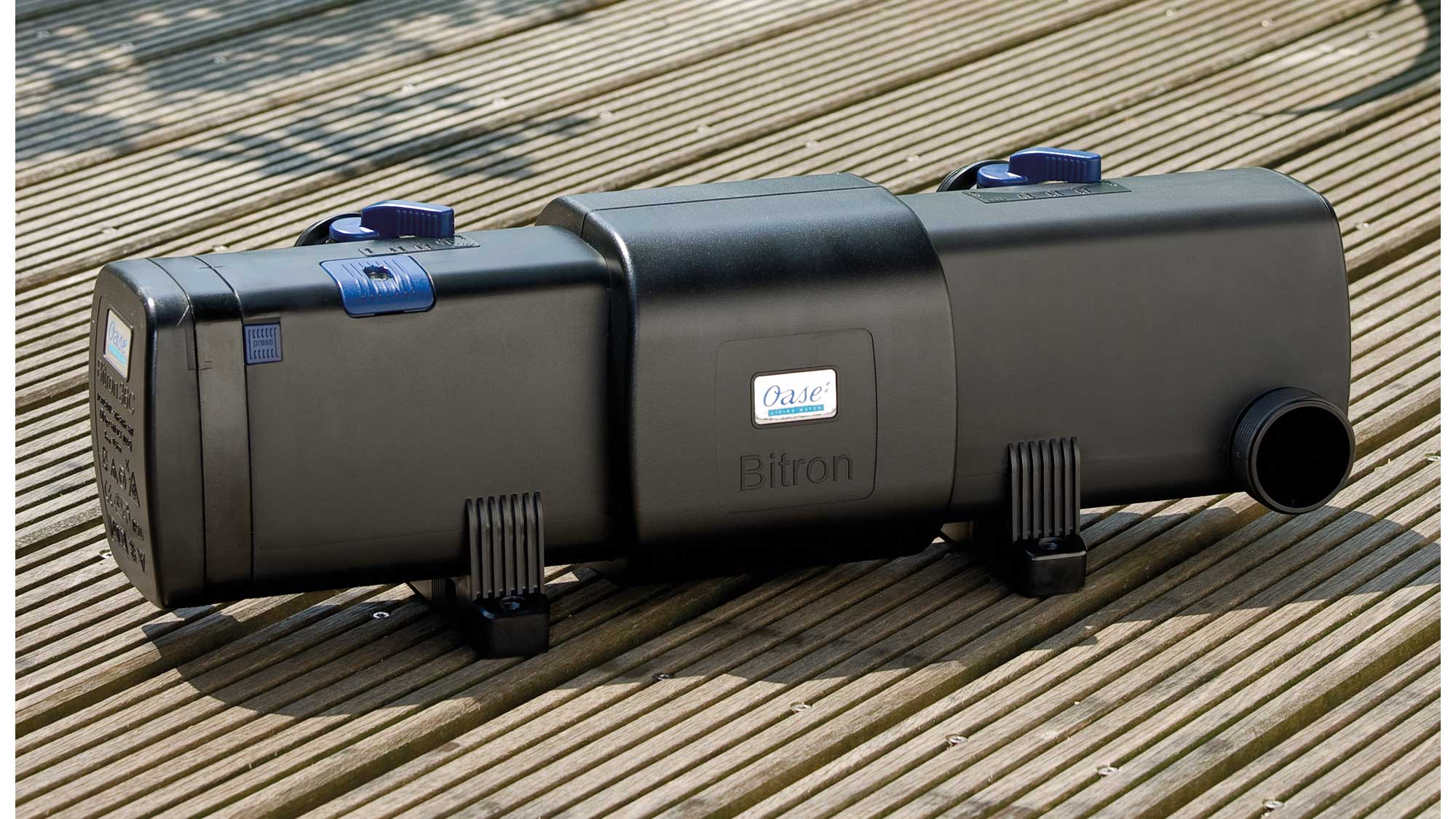 OASE106470-BitronC36W The Oase Bitron C 36W is a UV clarifier for clear water in larger wildlife and goldfish ponds. UV light kills unicellular algae that cause green water.