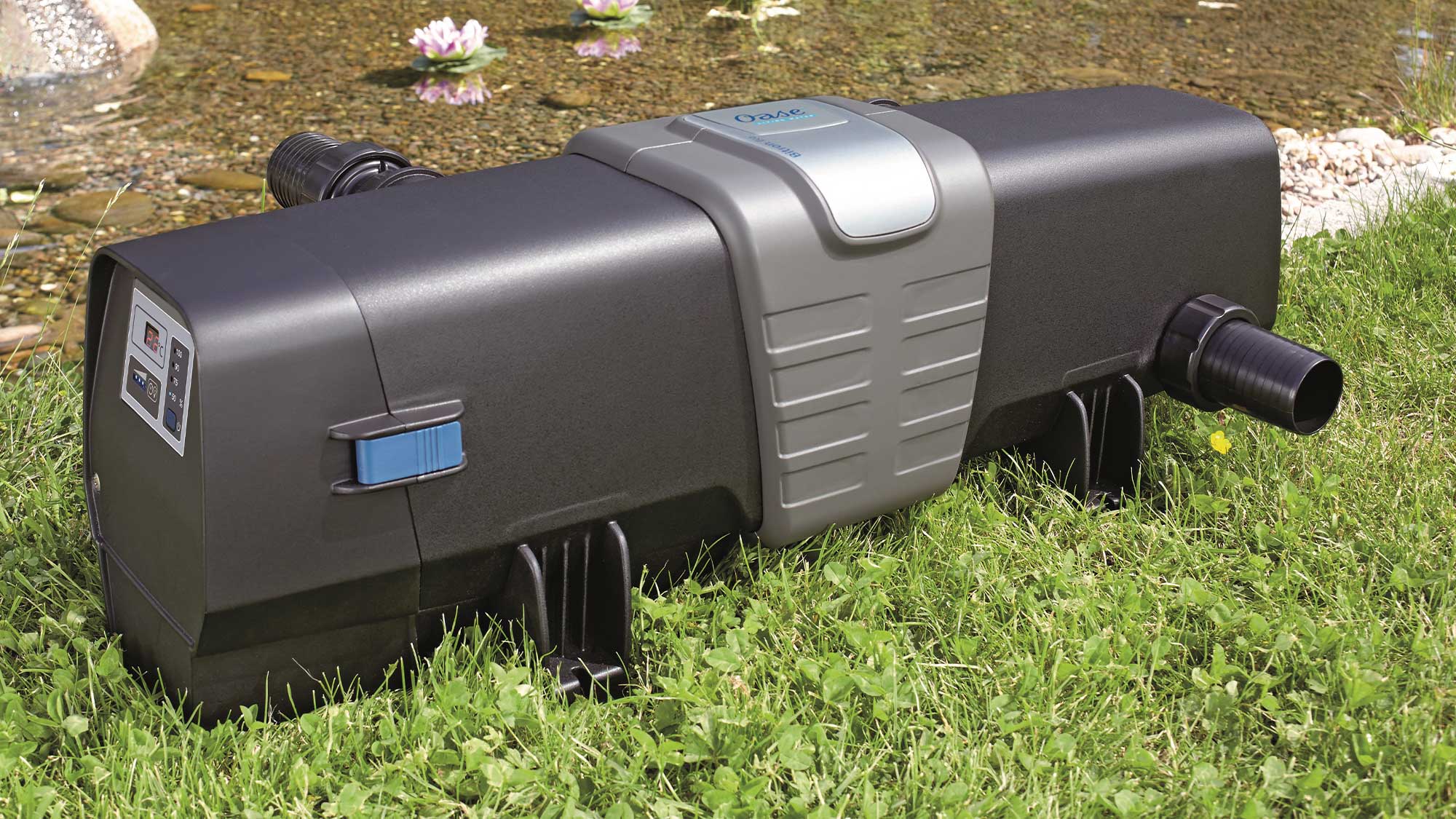 OASE106560-BitronEco180 The Oase Bitron Eco 180W is a energy-efficient UV clarifier for large koi ponds and swim ponds that can save you up to 50% on electricity bills.