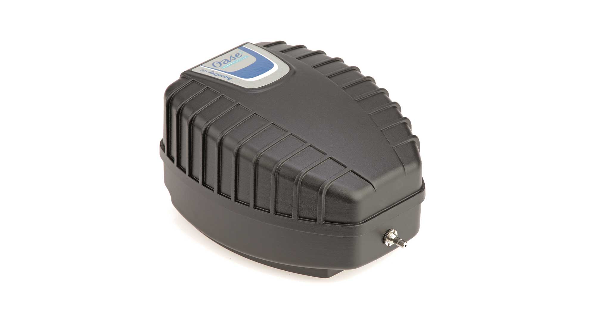 OASE106687-AquaOxy500 The Oase AquaOxy 500 is a weatherproof, compact, and particularly quiet air pump. It is supplied complete with air hose and air stones.