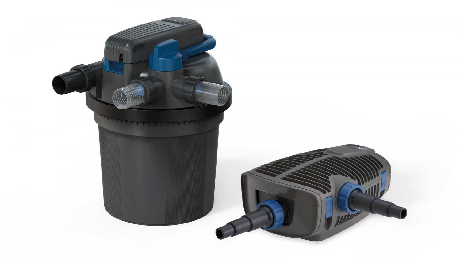 The FiltoClear Set 13000 OC is a complete pond filter set, including a 13,000 litre pond pressure filter, filter pump, and integrated 24W UV clarifier.