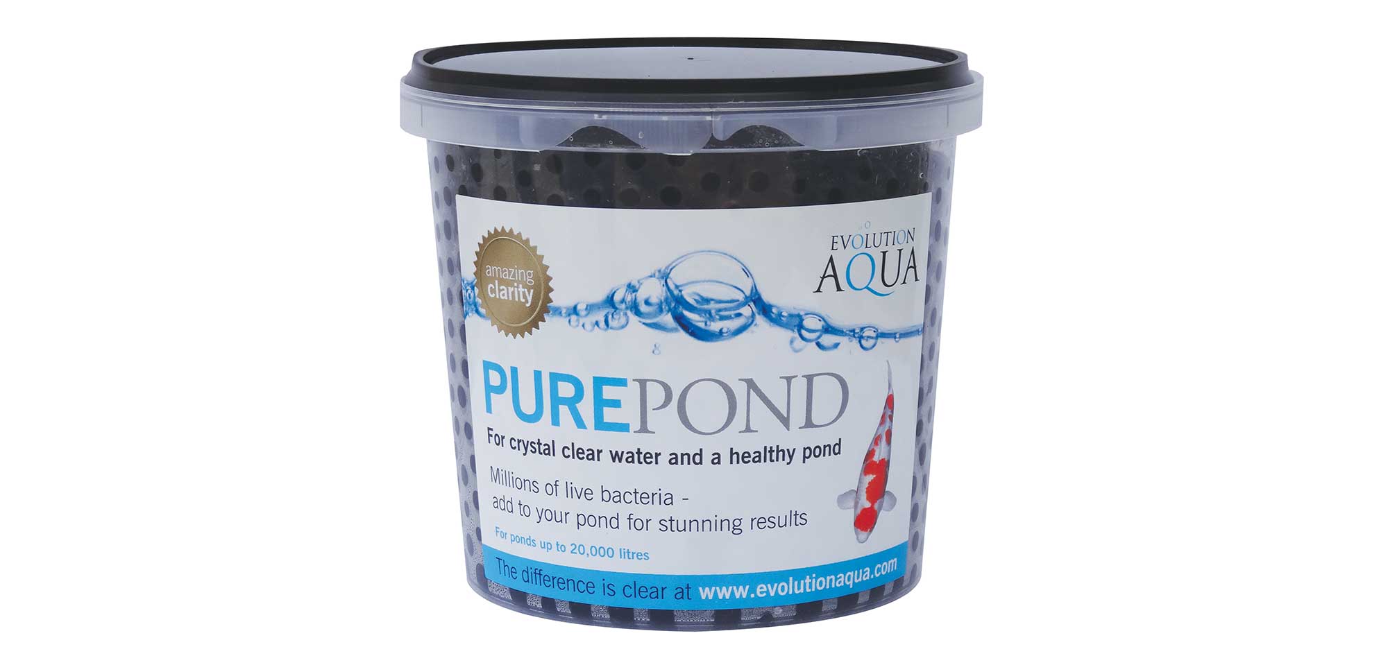 Pure Pond 1 litre Evolution Aqua Pure Pond 1 litre treats ponds of up to 20,000 litres. Pure pond biodegradable balls contains bacteria and enzymes that break down organic waste in your pond water ensuring excellent water quality for your fish.