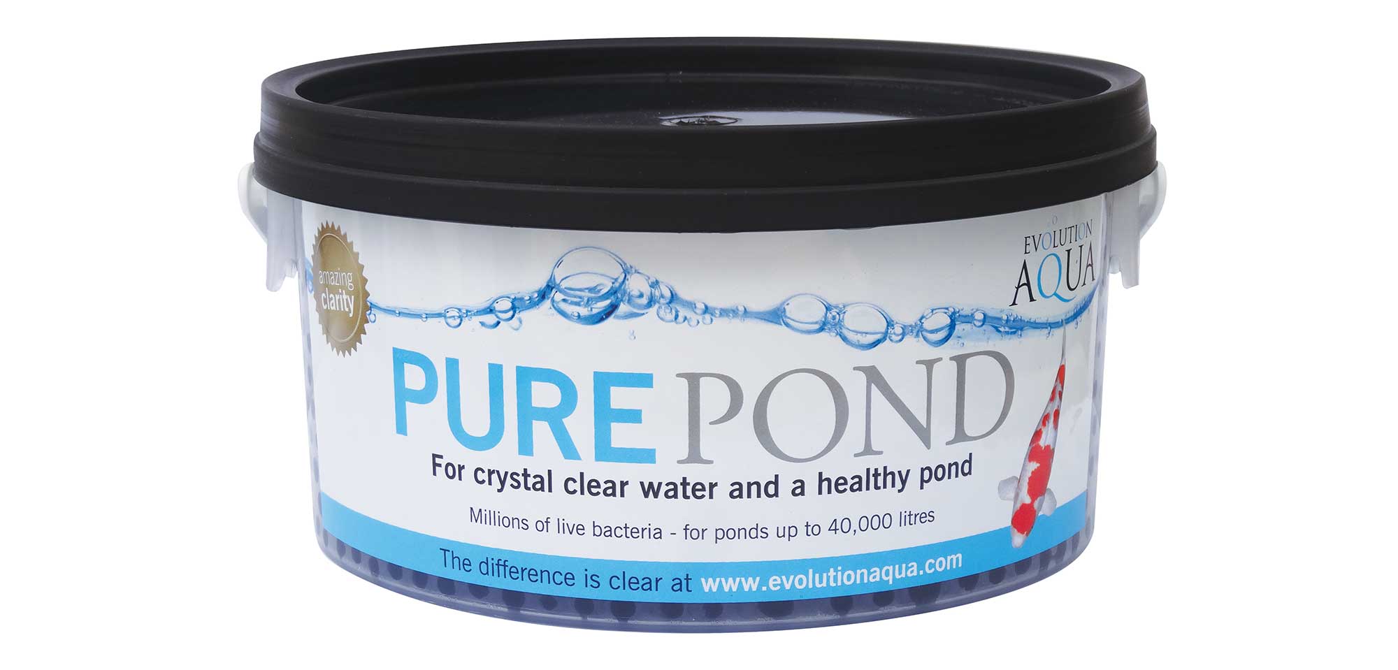 Pure Pond 2 litre Evolution Aqua Pure Pond 2 litre treats ponds of up to 40,000 litres. Pure pond biodegradable balls contains bacteria and enzymes that break down organic waste in your pond water ensuring excellent water quality for your fish.