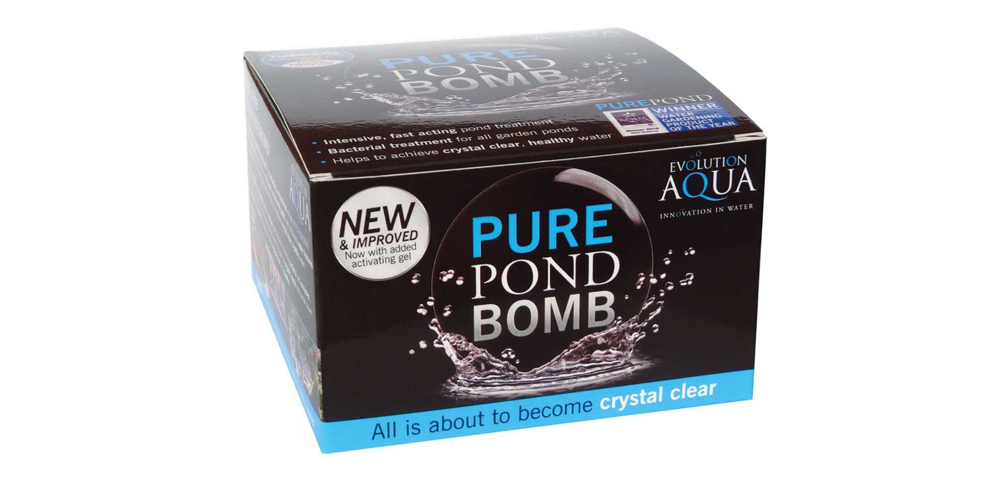 Pure Pond Bomb Evolution Aqua Pure Pond Bomb is a fast-acting pond and water feature treatment to rapidly break down organic waste and improve water clarity.