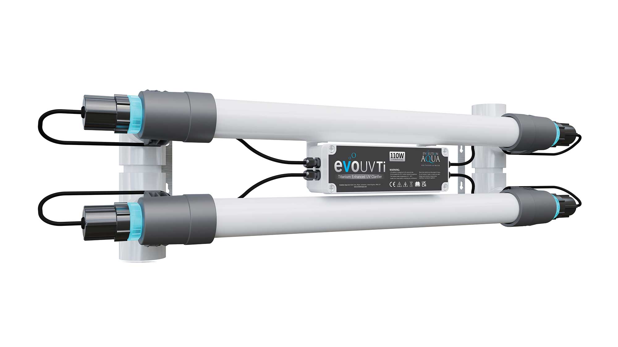 Evo 110w Titanium UV The Evo 110W Titanium UV is a titanium enhanced UV clarifier that is up to 50% more effective at killing unicellular algae that cause green water, and sterilising pond water so that it is safer for fish and wildlife.