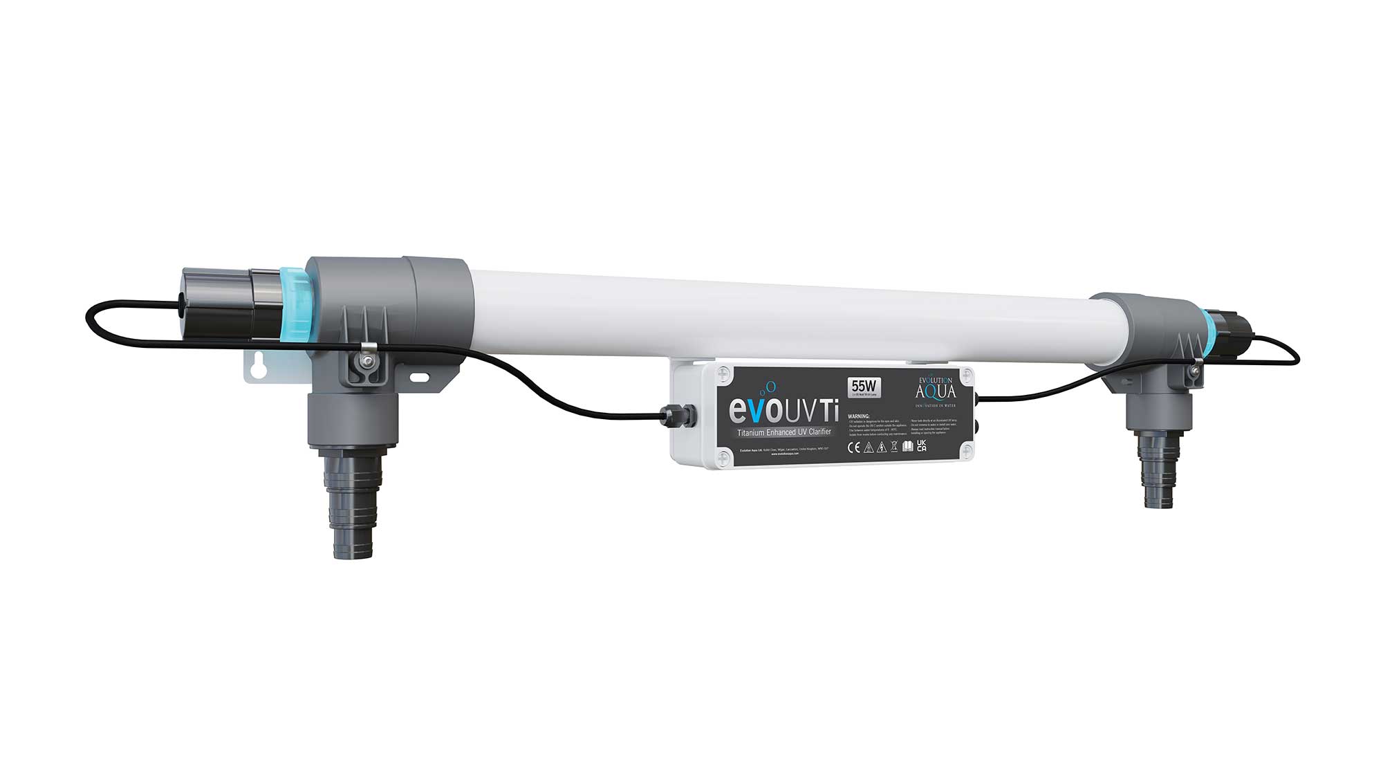 Evo 55w Titanium UV The Evo 55W Titanium UV is a titanium enhanced UV clarifier that is up to 50% more effective at killing unicellular algae that cause green water, and sterilising pond water so that it is safer for fish and wildlife.