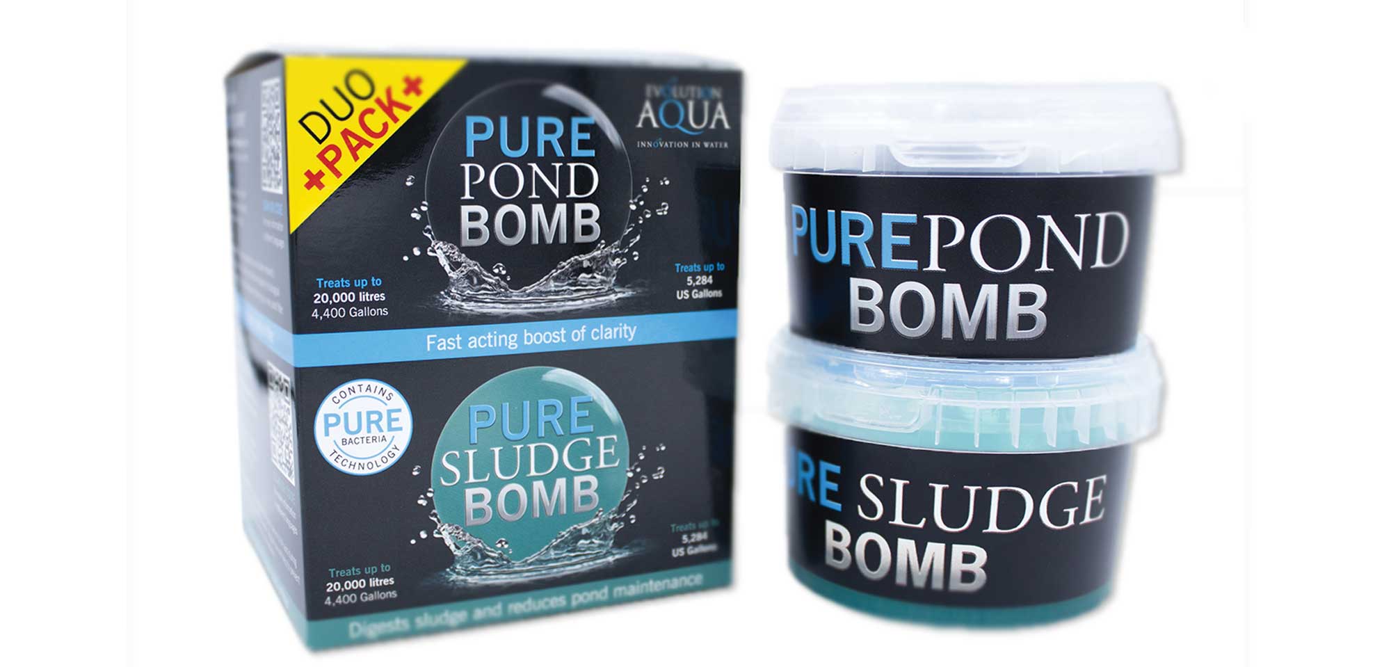 Pure Pond Duo Pack Evolution Aqua Pure Pond Duo Pack contains 1 x PURE Sludge Bomb and 1 x PURE Pond Bomb providing the perfect combination to improve the water quality in your pond. The Pure Pond Duo Pack provides two fast-acting pond treatments that contain specially selected strains of bacteria and enzymes to digest sludge and boost water clarity. The PURE Pond Bomb and PURE Sludge Bomb can be used individually as required or together for an immediate dual action treatment.